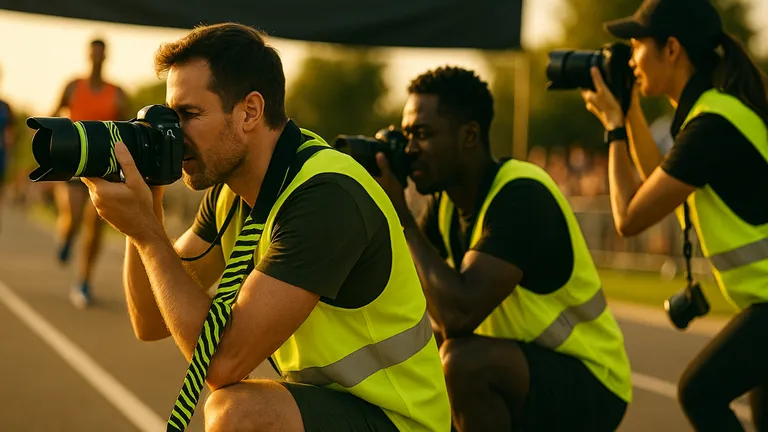Un grupo de fotógrafos en una carrera, revisando sus tomas en un teléfono con la app de ZebraSnap
