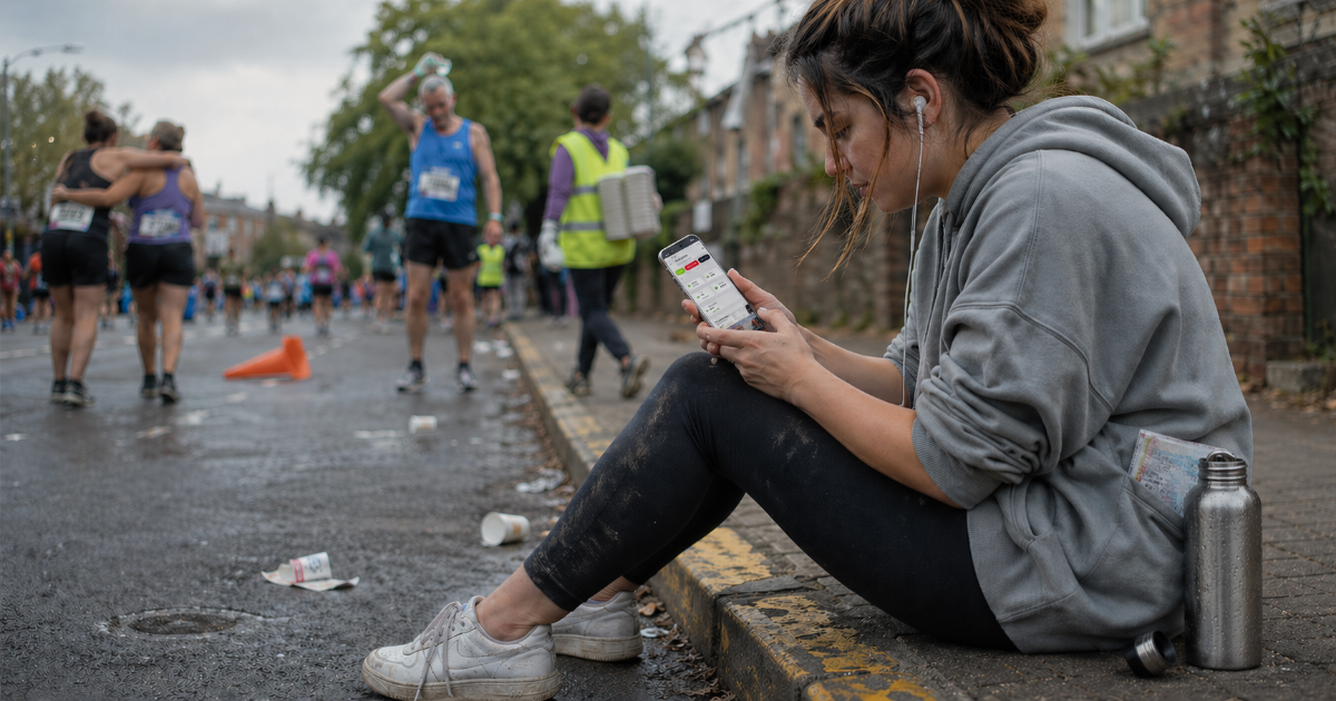 Amateur photographer using smartphone to capture runners at a sports event