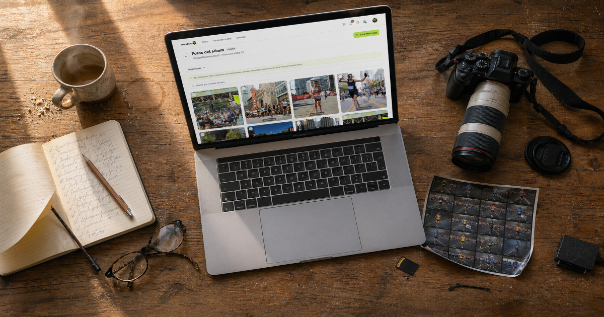 A group of photographers at a race, checking their shots on a phone with the ZebraSnap app