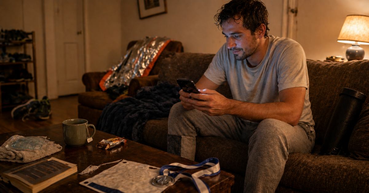 A runner crossing the finish line with a big smile, surrounded by photographers snapping away