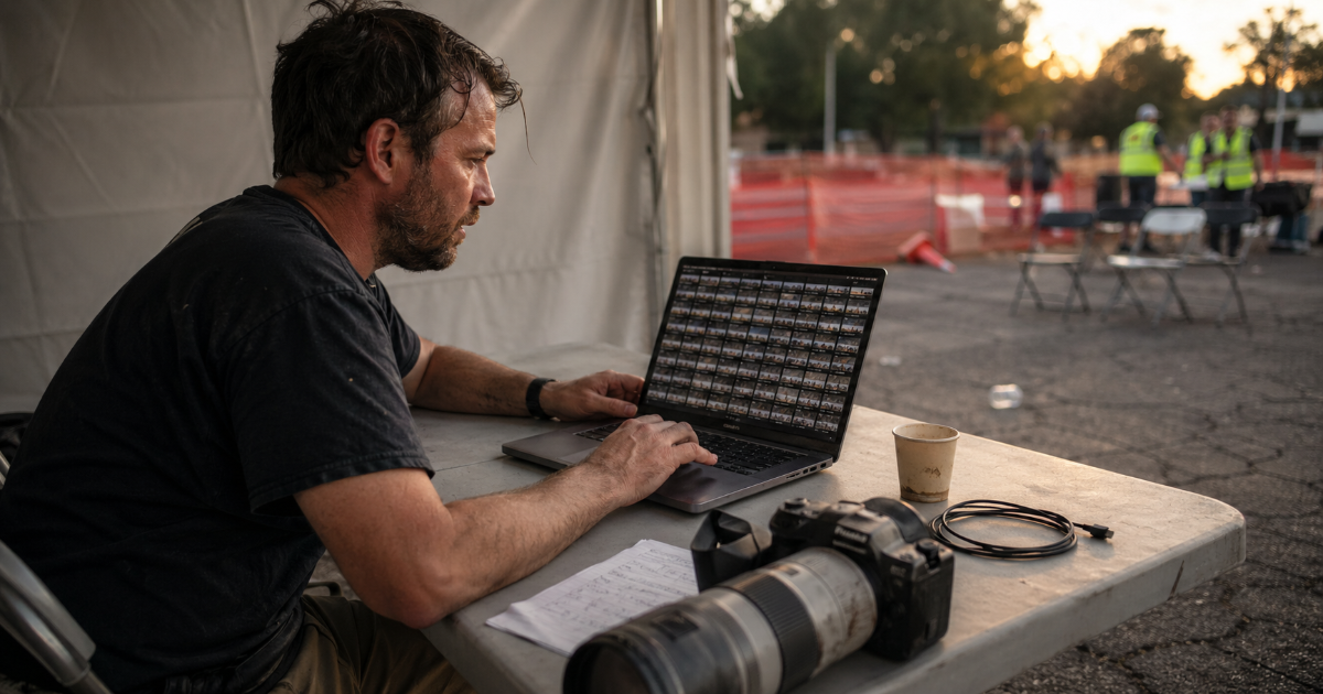 Editorial illustration of endurance event photography workflows for triathlon, HYROX, and road races