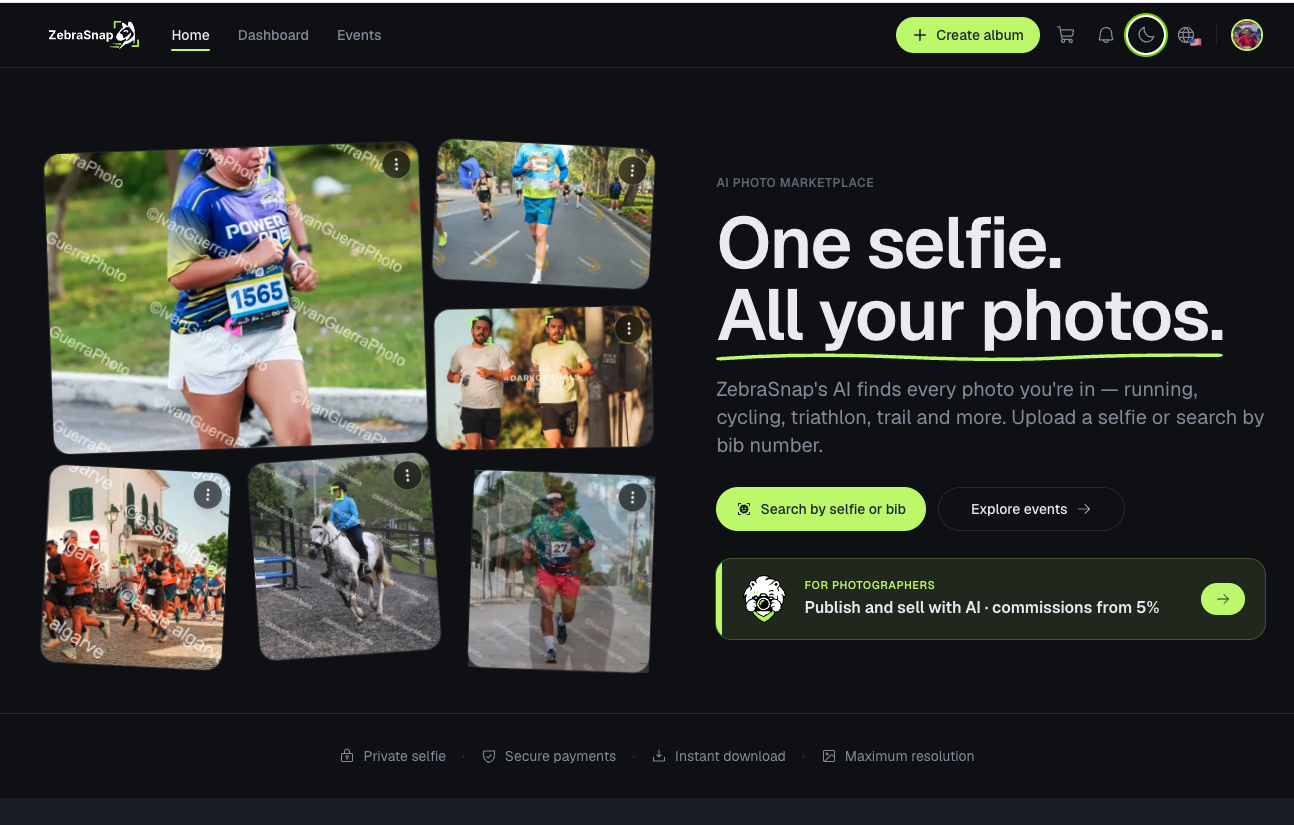 New ZebraSnap home in dark mode: collage of event photos and search CTAs.