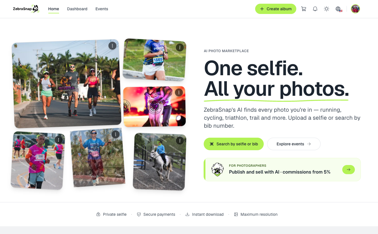 New ZebraSnap home in light mode: collage of event photos and search CTAs.