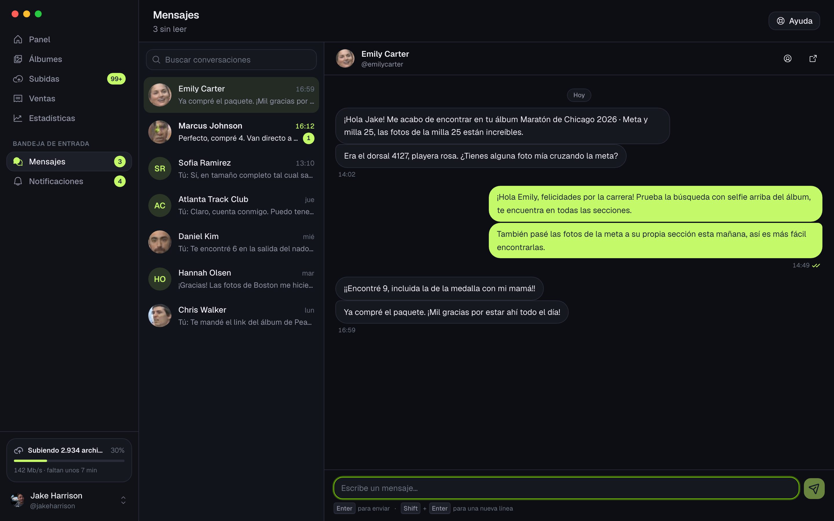 App de escritorio de ZebraSnap mostrando una conversación con un comprador