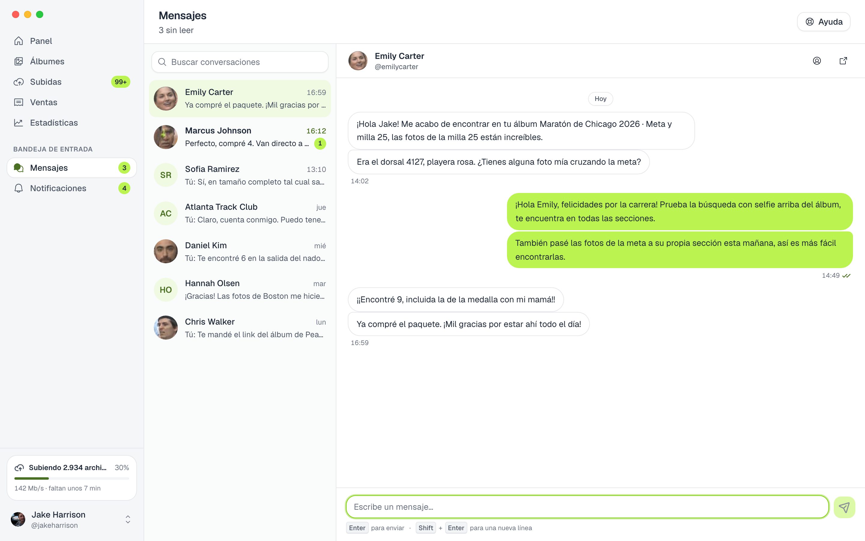 App de escritorio de ZebraSnap mostrando una conversación con un comprador