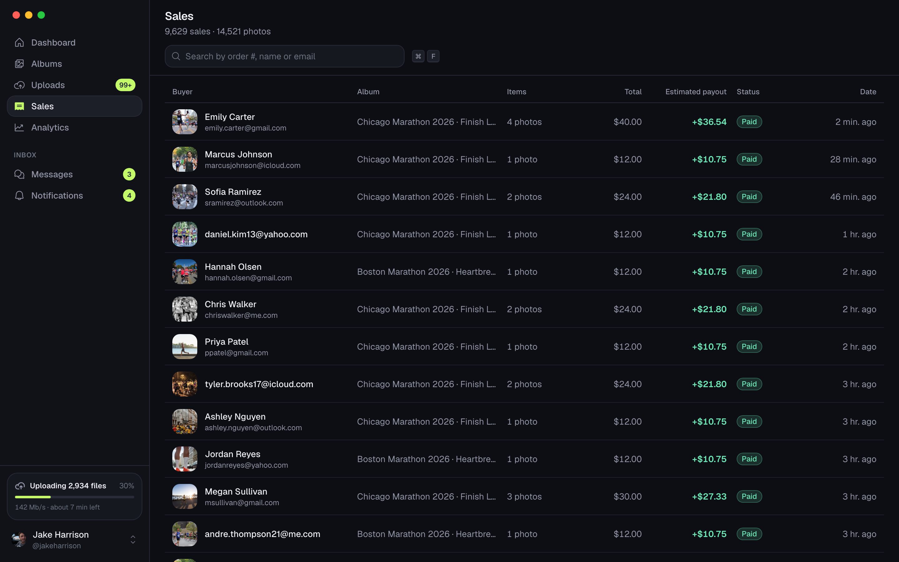 App do ZebraSnap para computador mostrando a lista de vendas