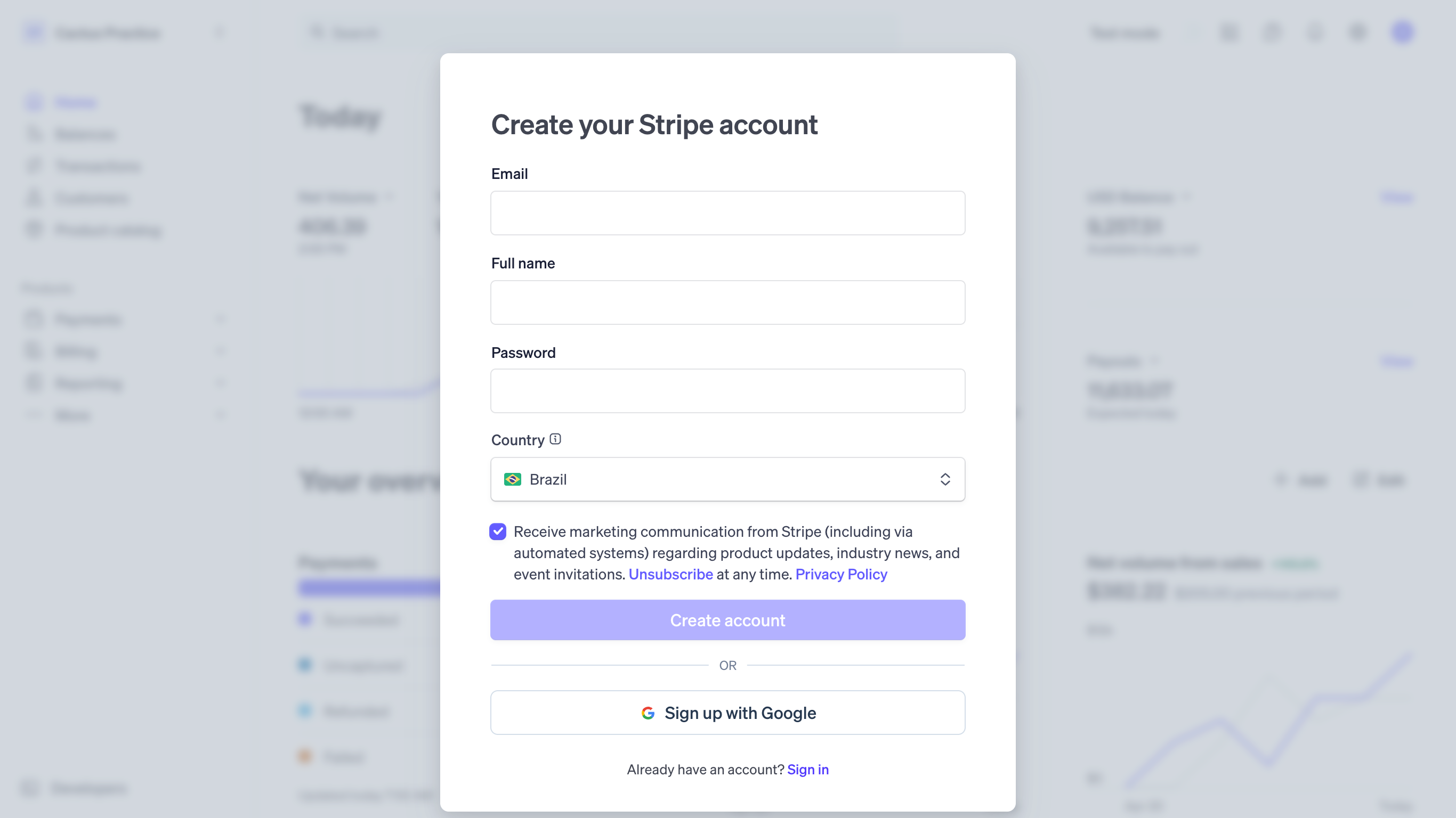 Stripe sign-up form