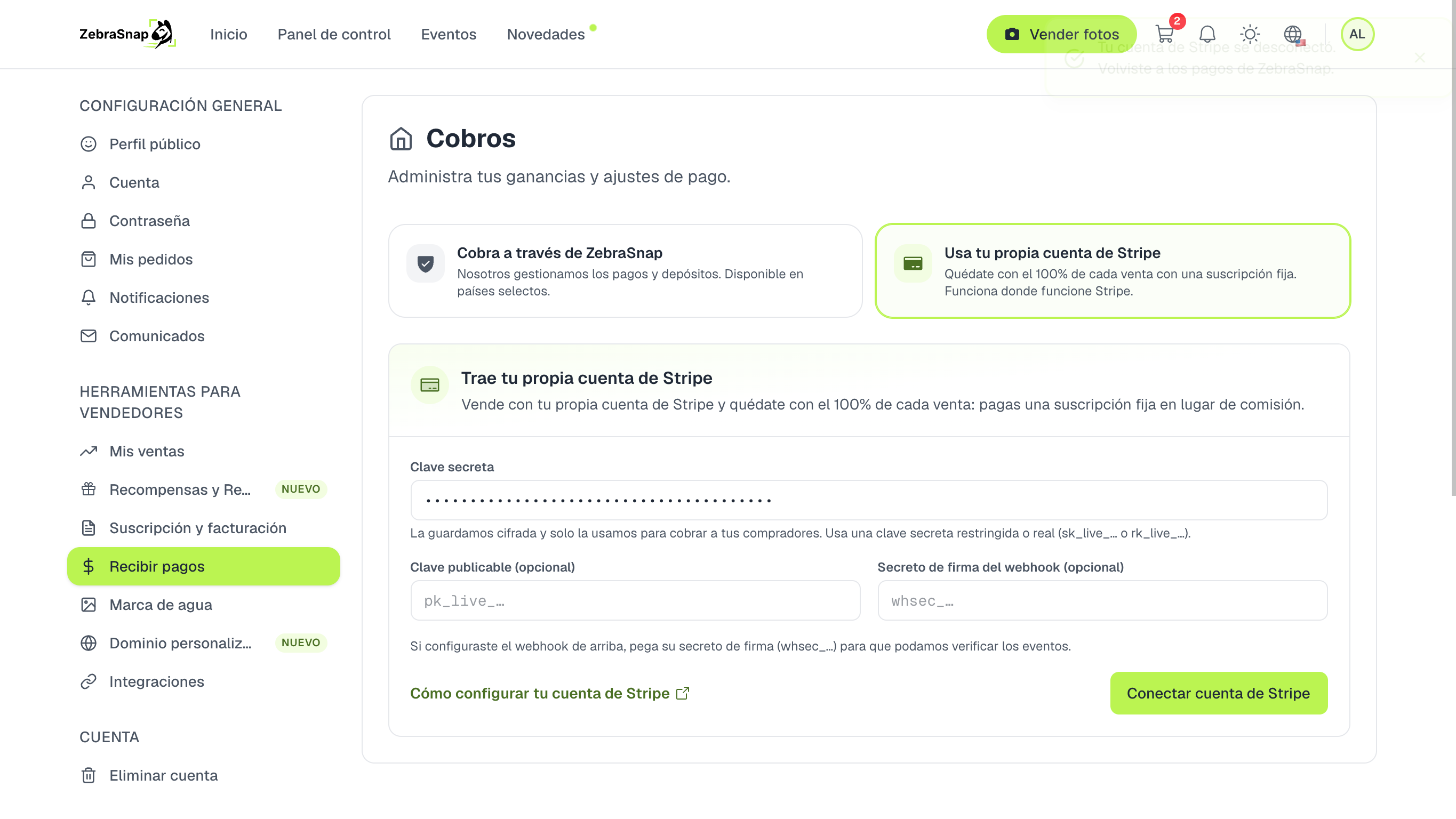 ZebraSnap Settings → Payouts → BYOP keys form