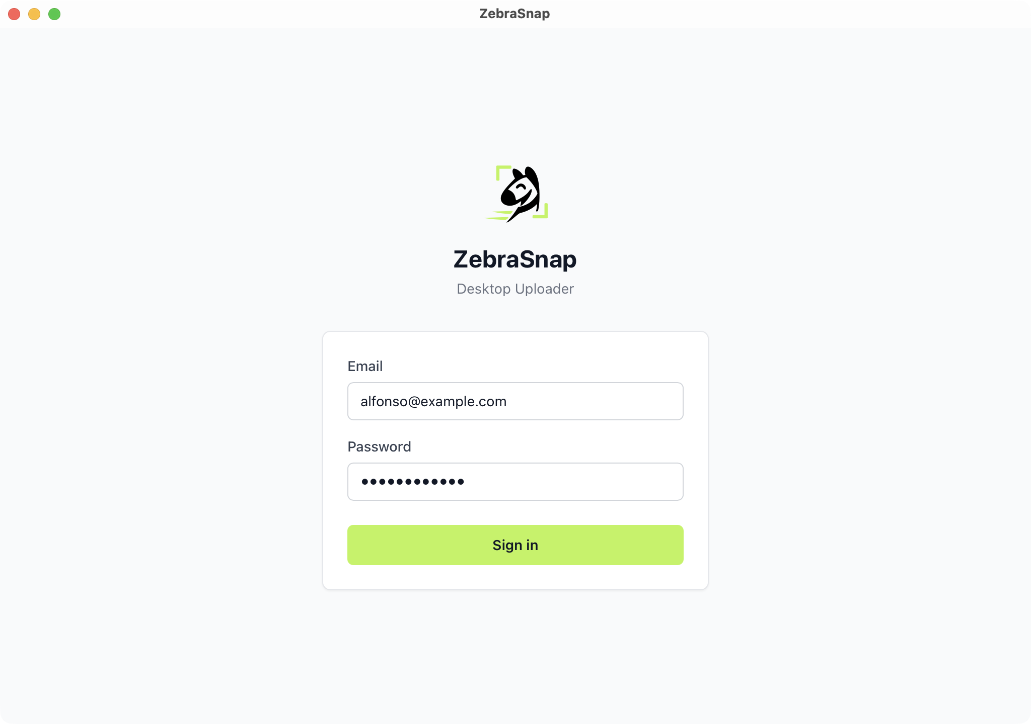 The desktop app login screen