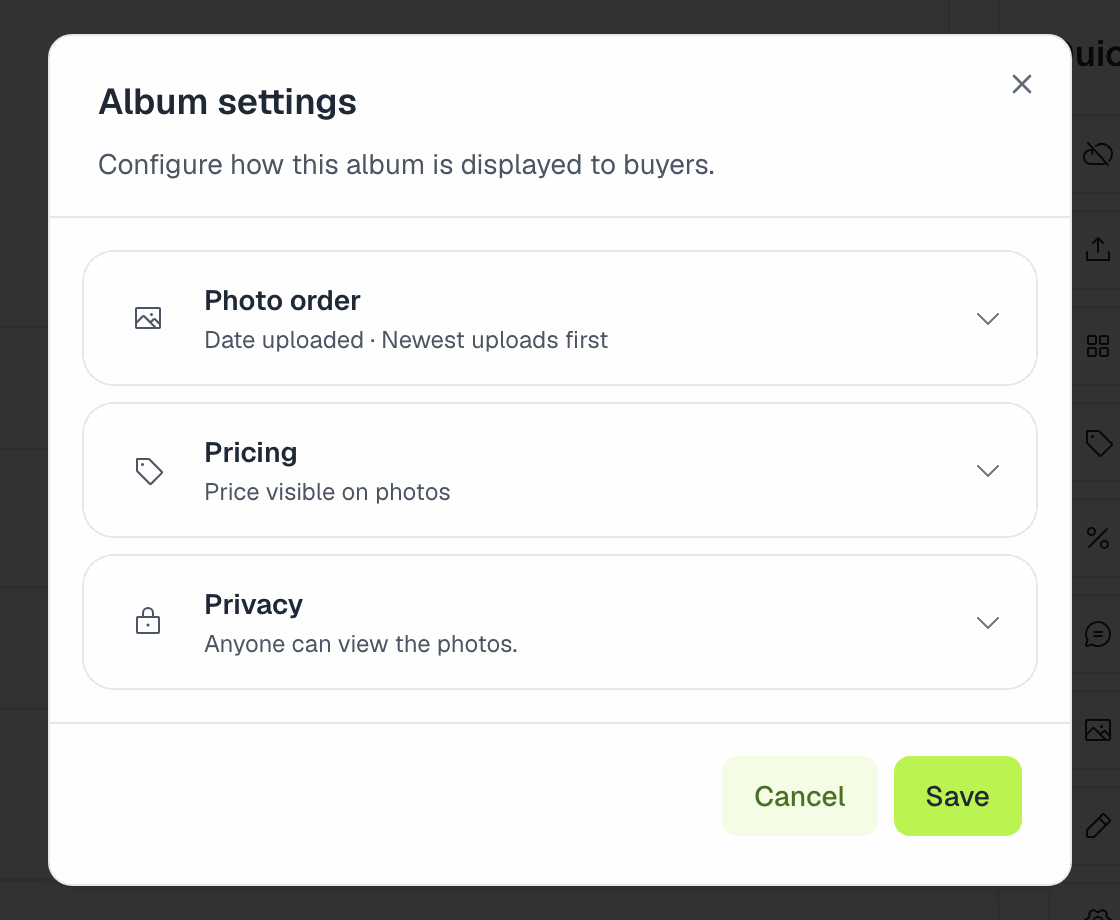 The Album settings window with Photo order, Pricing and Privacy