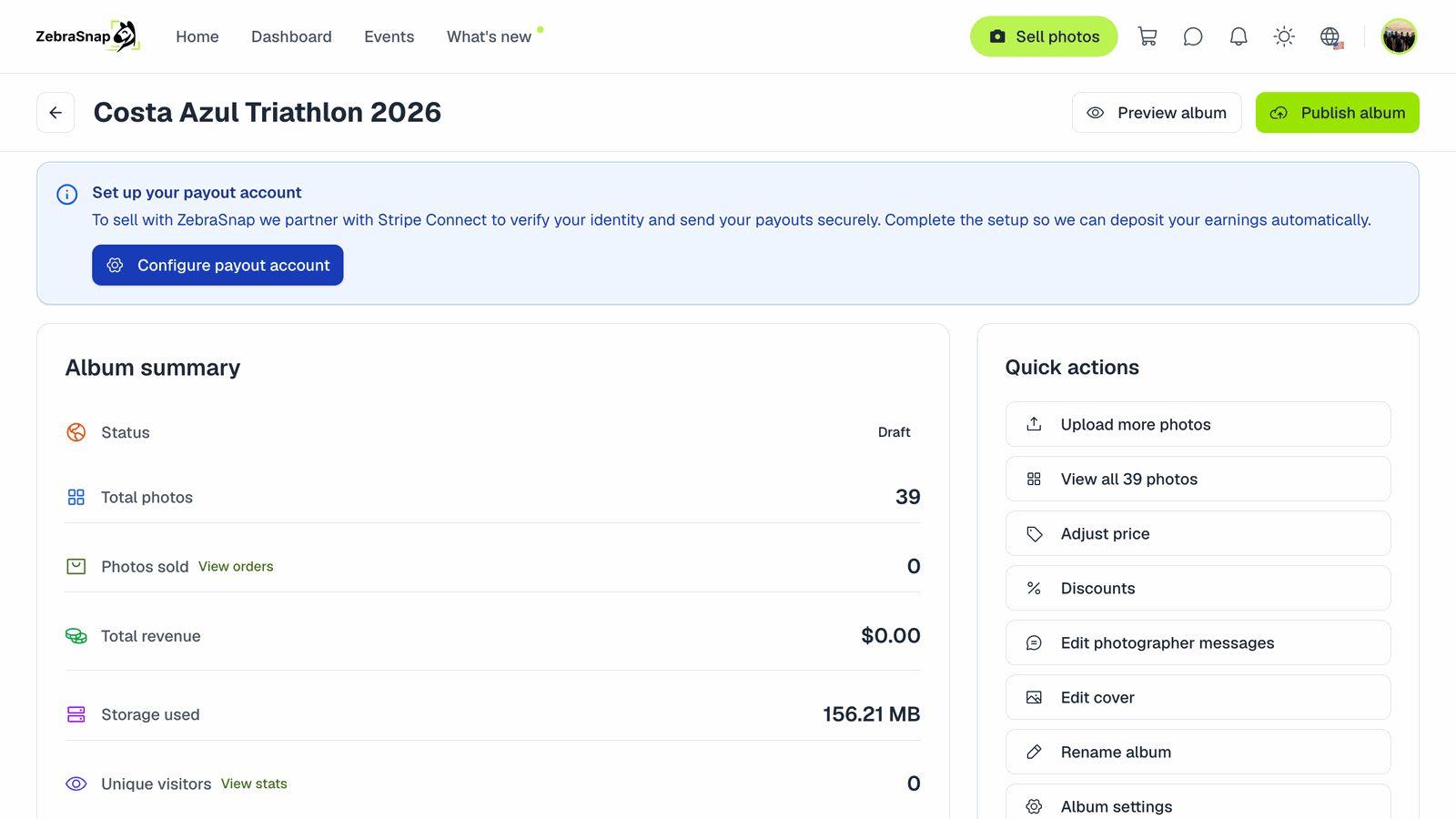 A draft album: the Publish album button at the top and a notice to set up your payout account