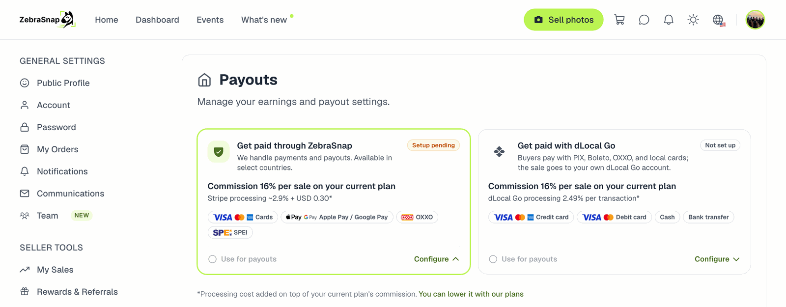 Receive Payments, where you choose your account country and connect Stripe