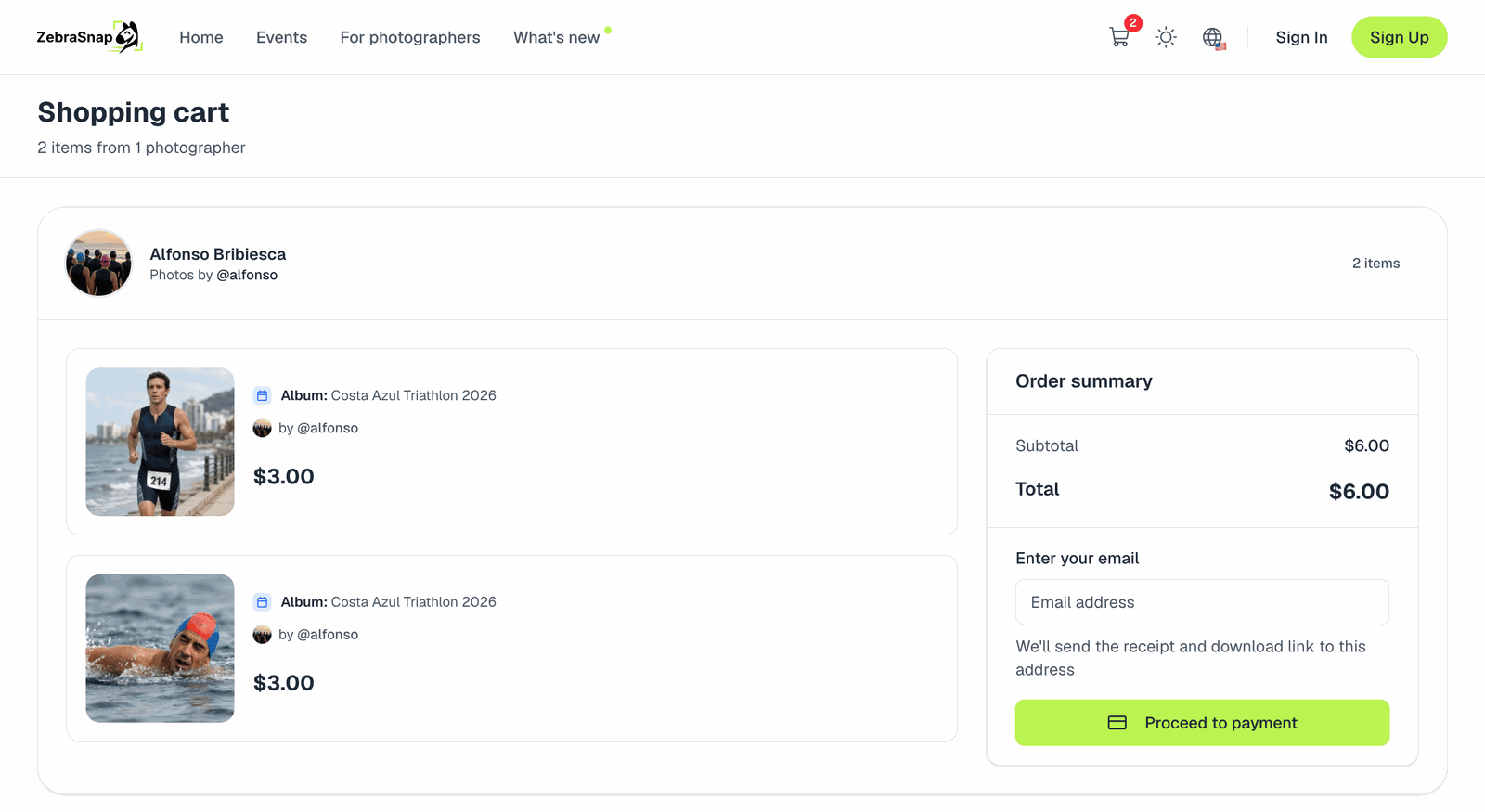 The shopping cart with the order summary and the Proceed to payment button