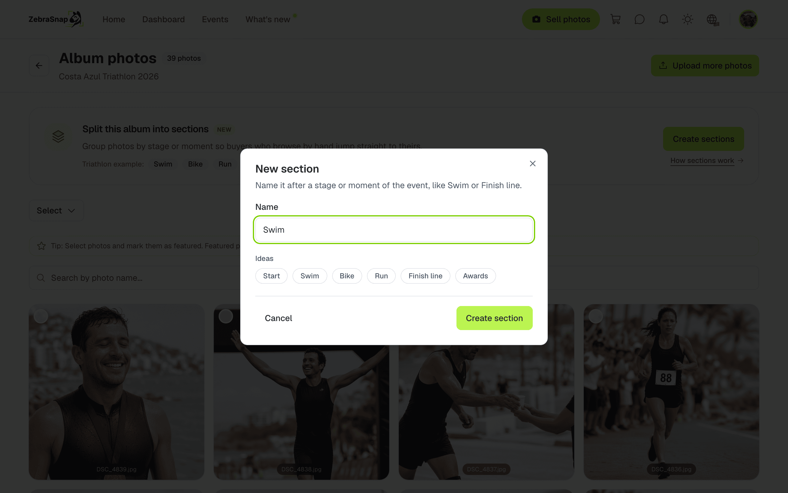 The New section dialog with name ideas