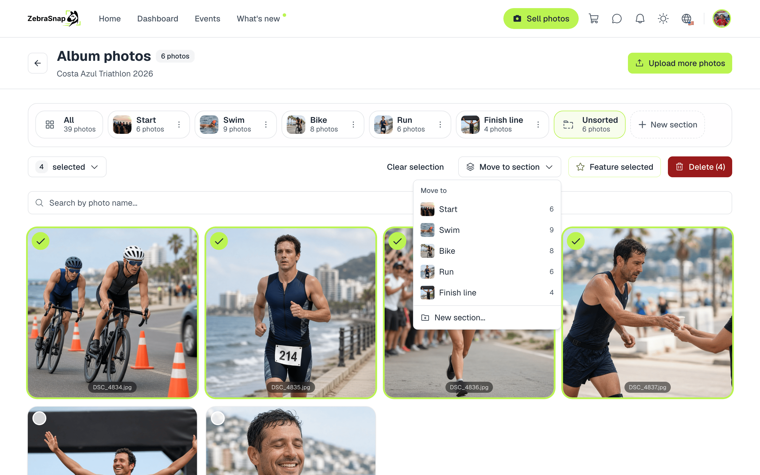 Photos selected with the Move to section menu open