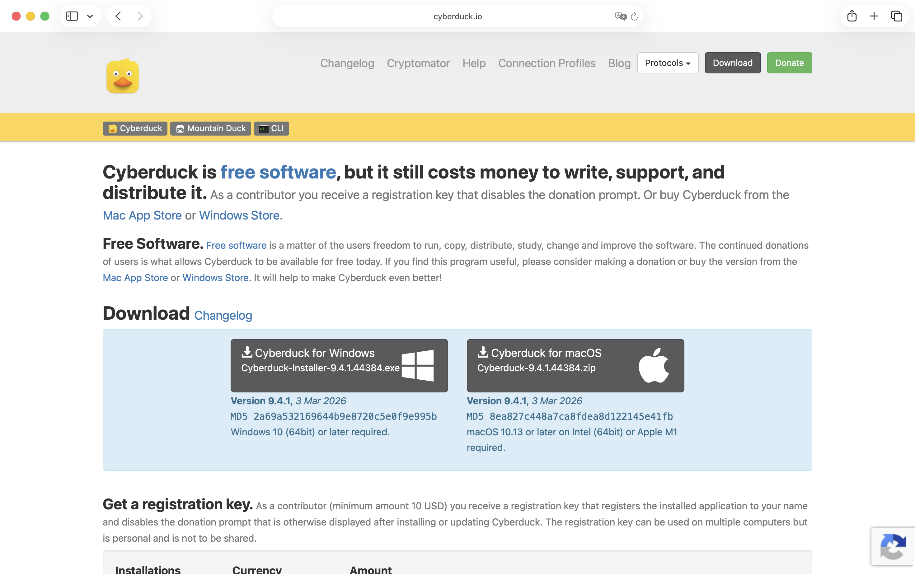 Cyberduck download page with the Mac and Windows builds