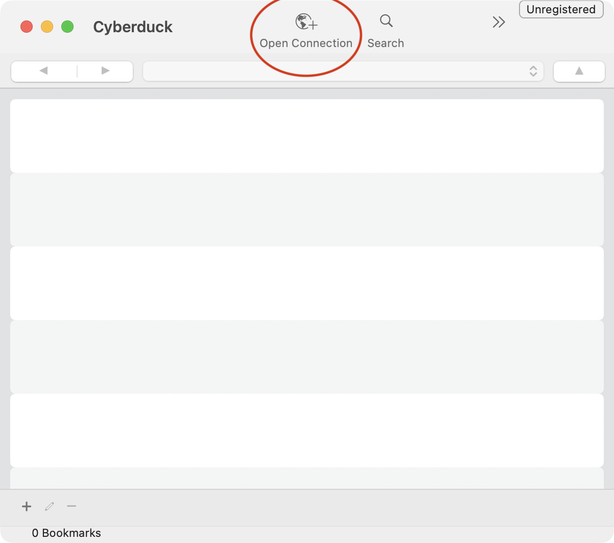 Cyberduck main window with the Open Connection button highlighted