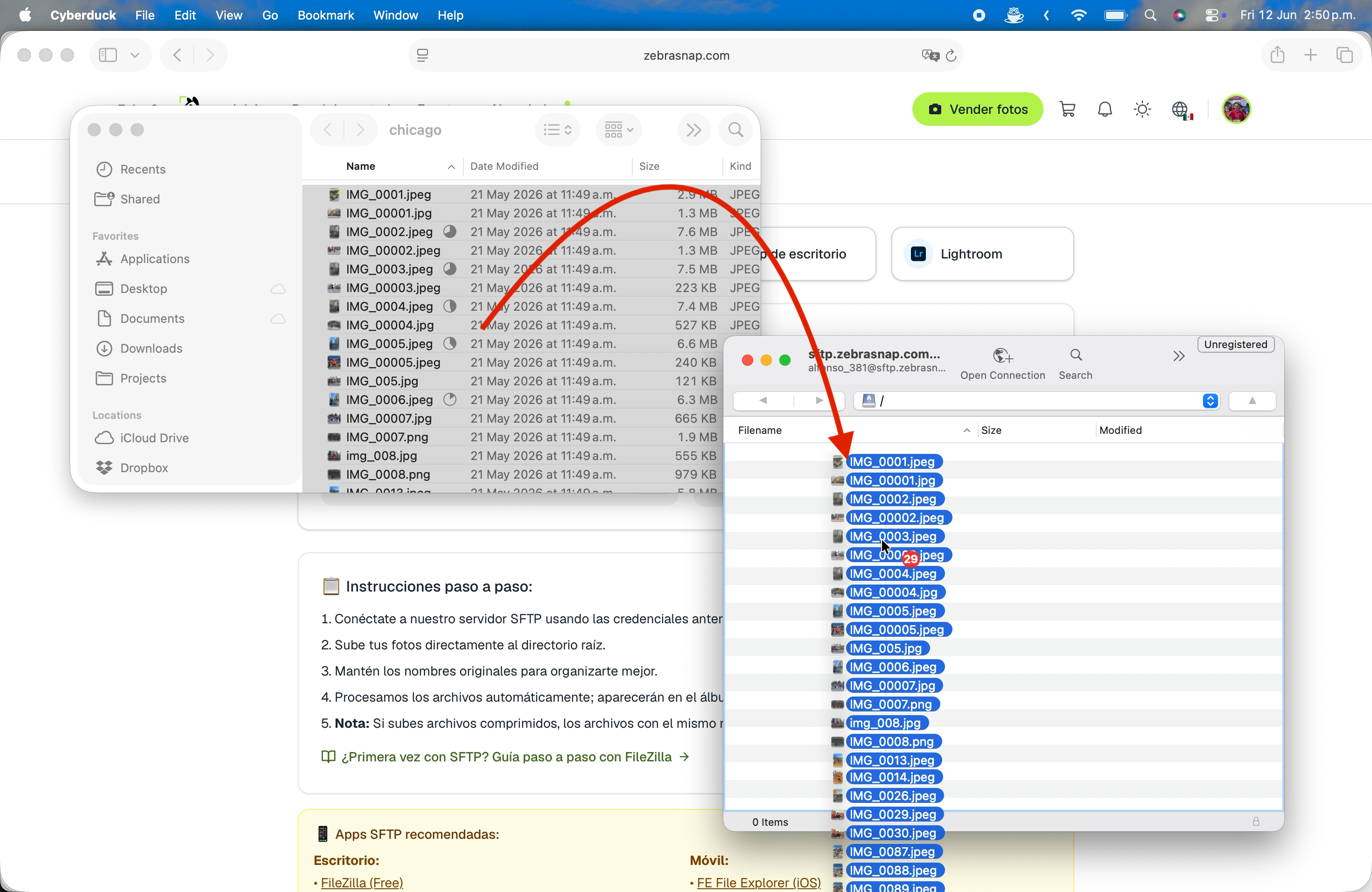 Dragging photos from Finder into the Cyberduck window