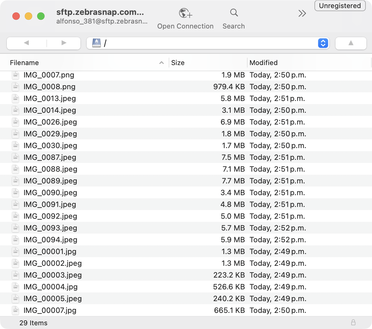 Cyberduck showing the uploaded photos in the album folder