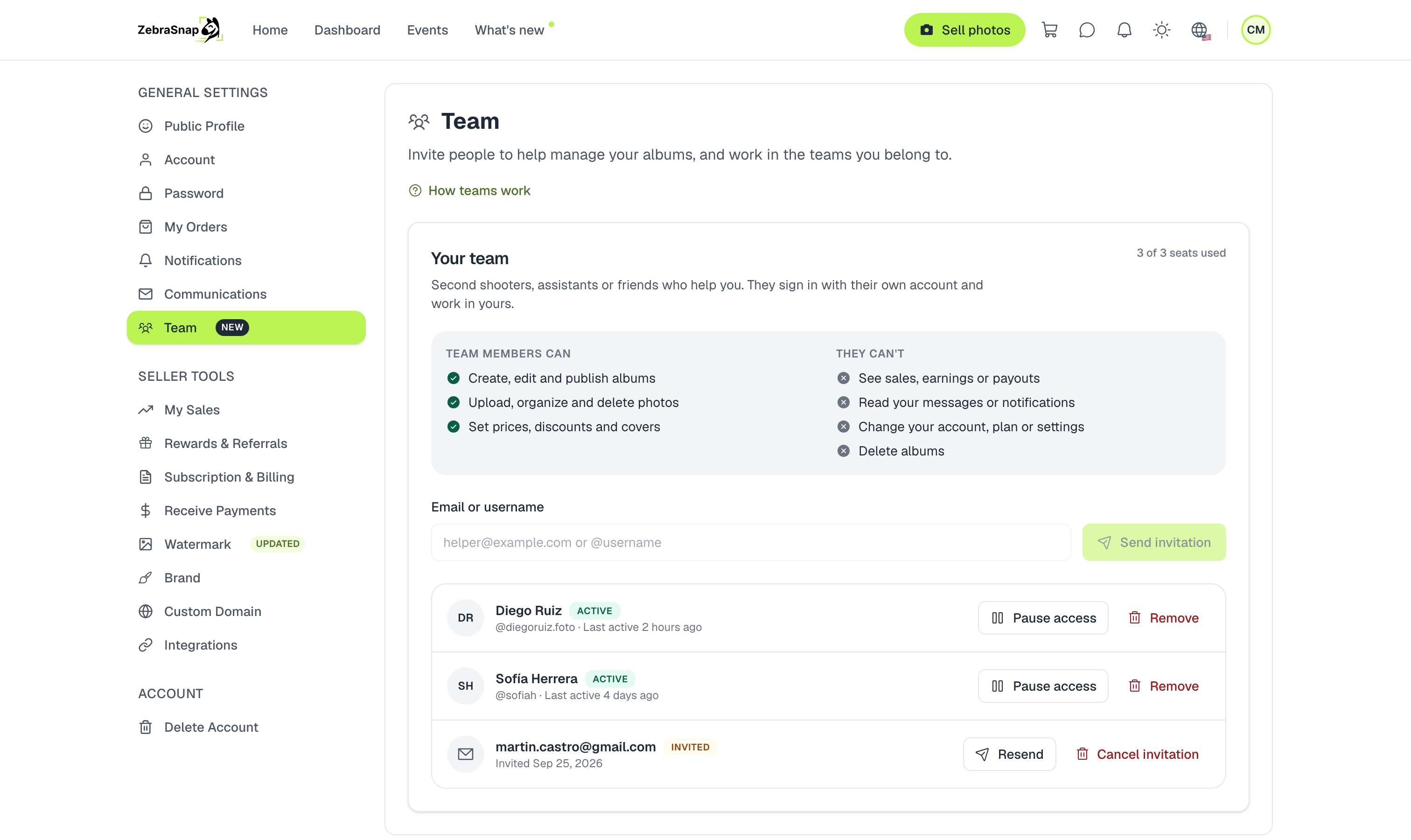 The Team page with the invite field and the list of team members