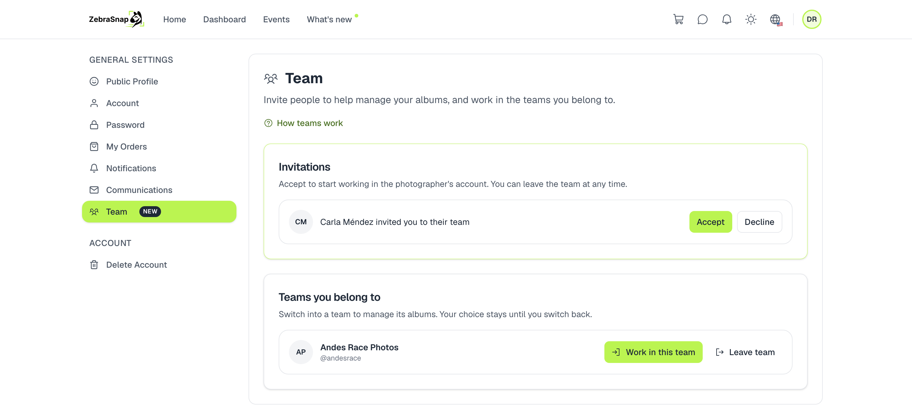An invitation waiting to be accepted on the Team page