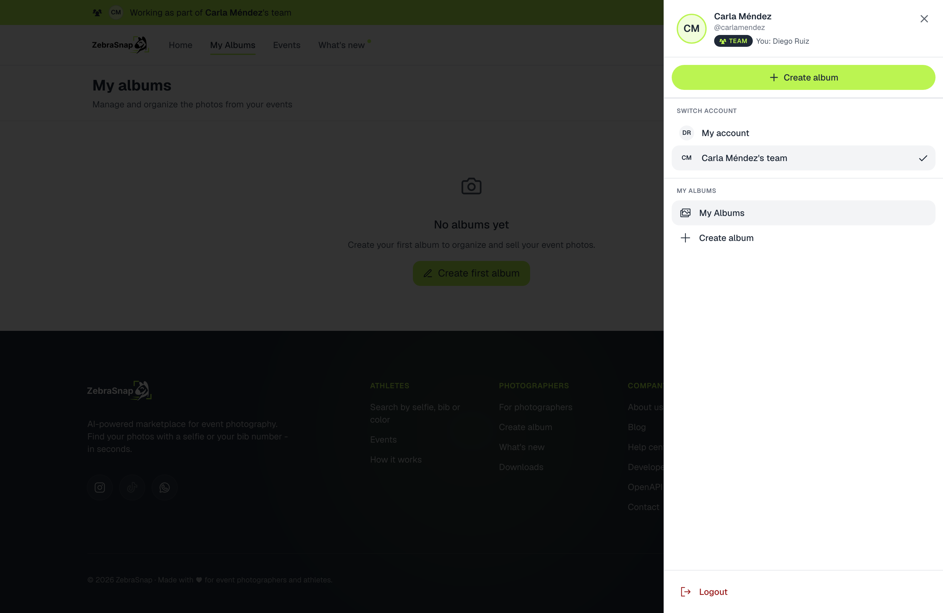 The account menu while working as part of a team