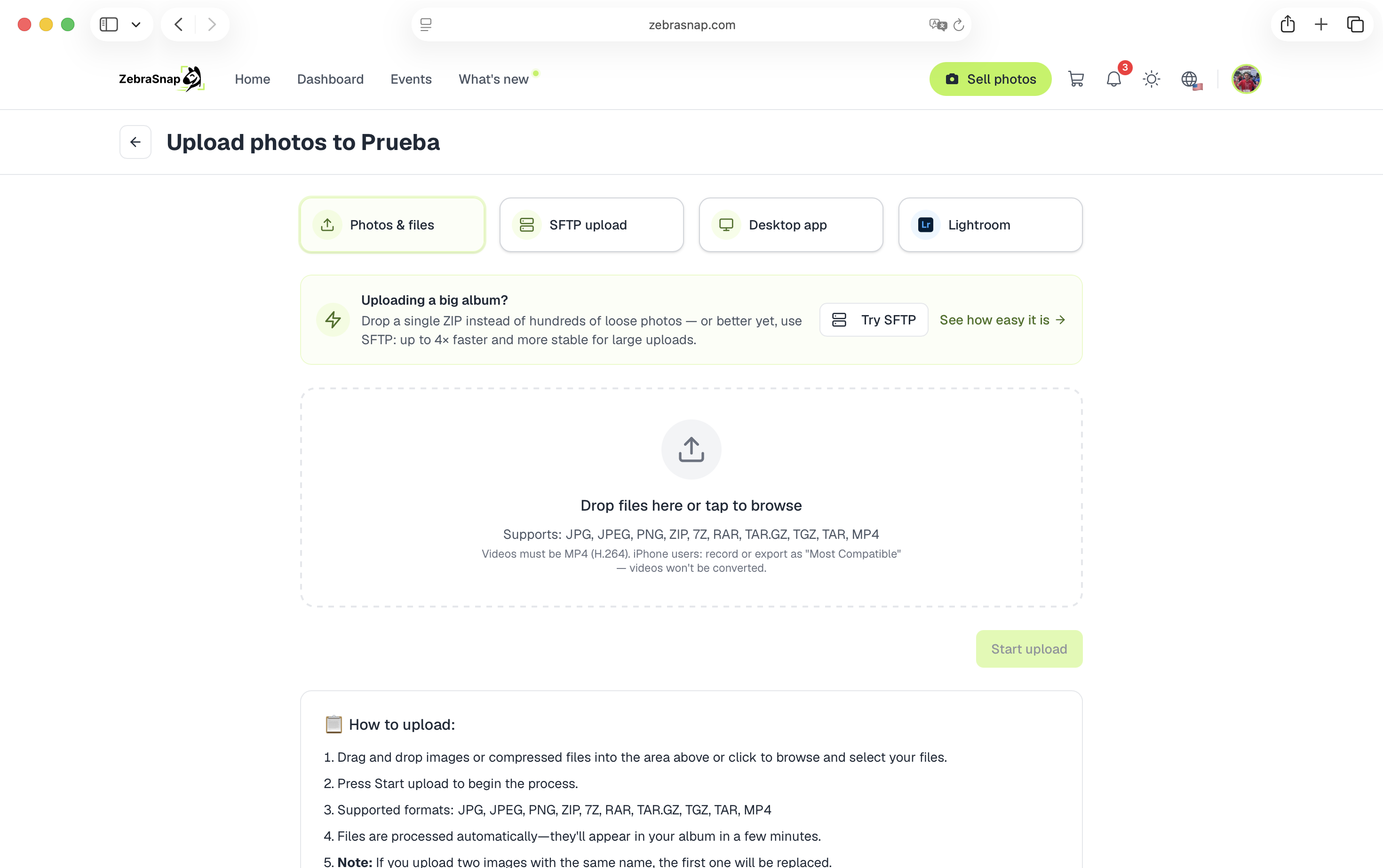 The upload page with the four method cards, "Photos & files" highlighted