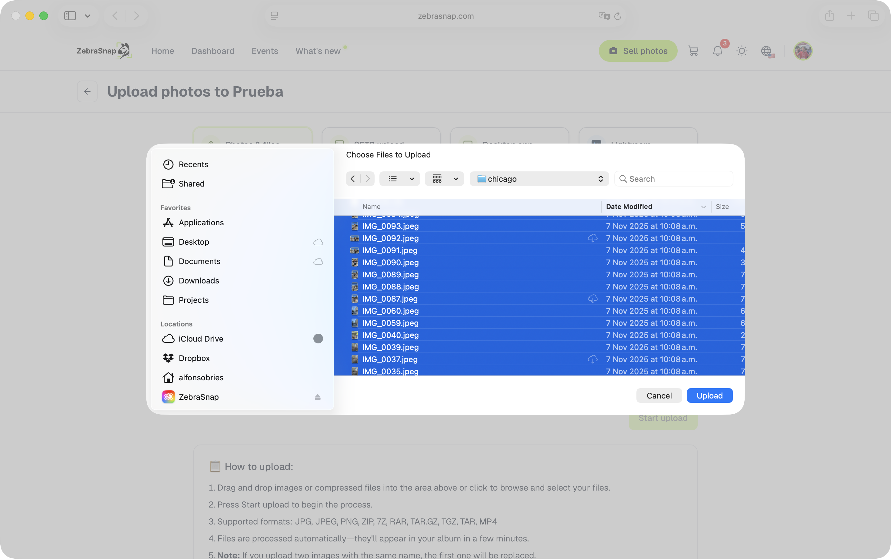Choosing photos to upload from the file browser