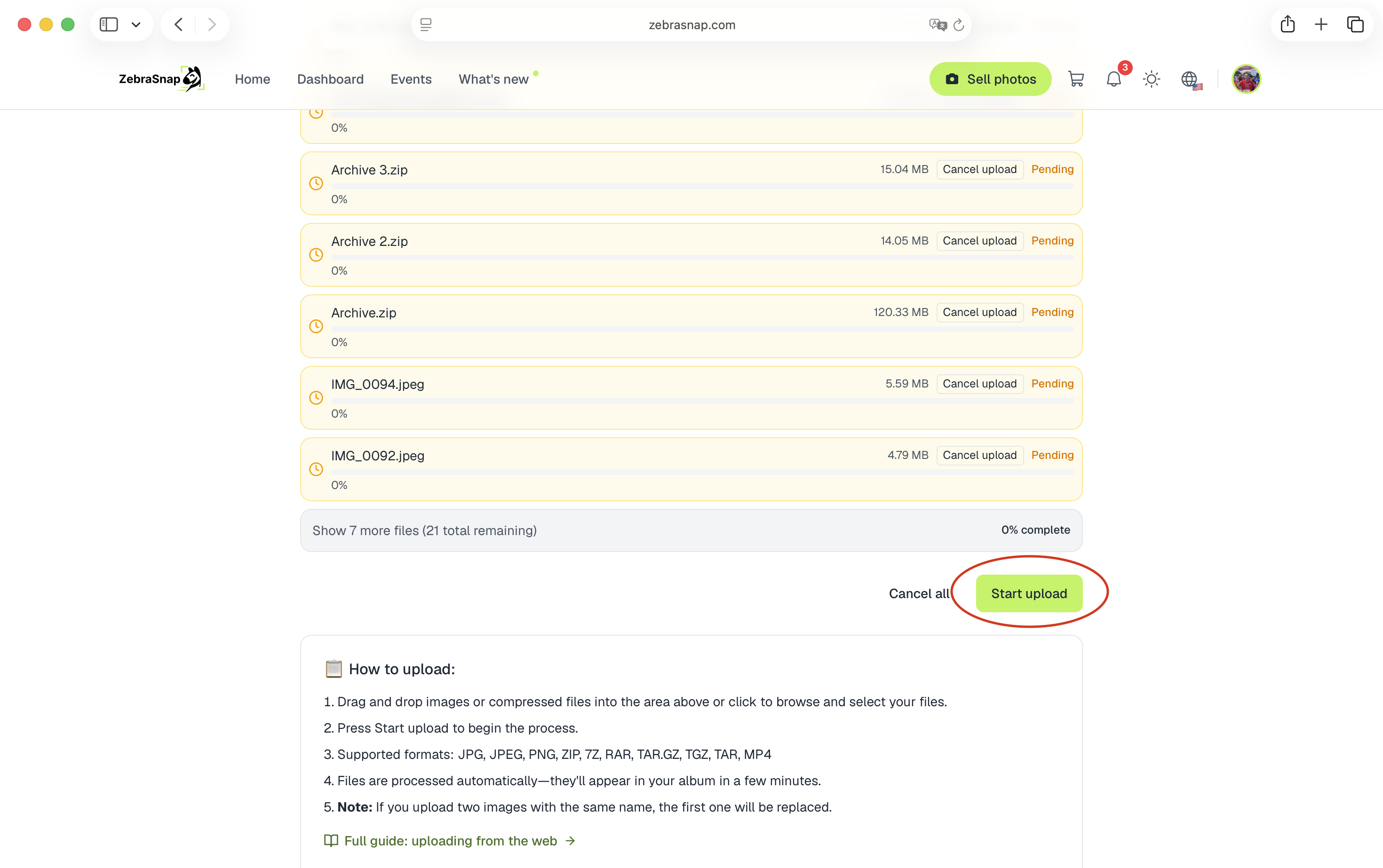 The queued file list with the Start upload button