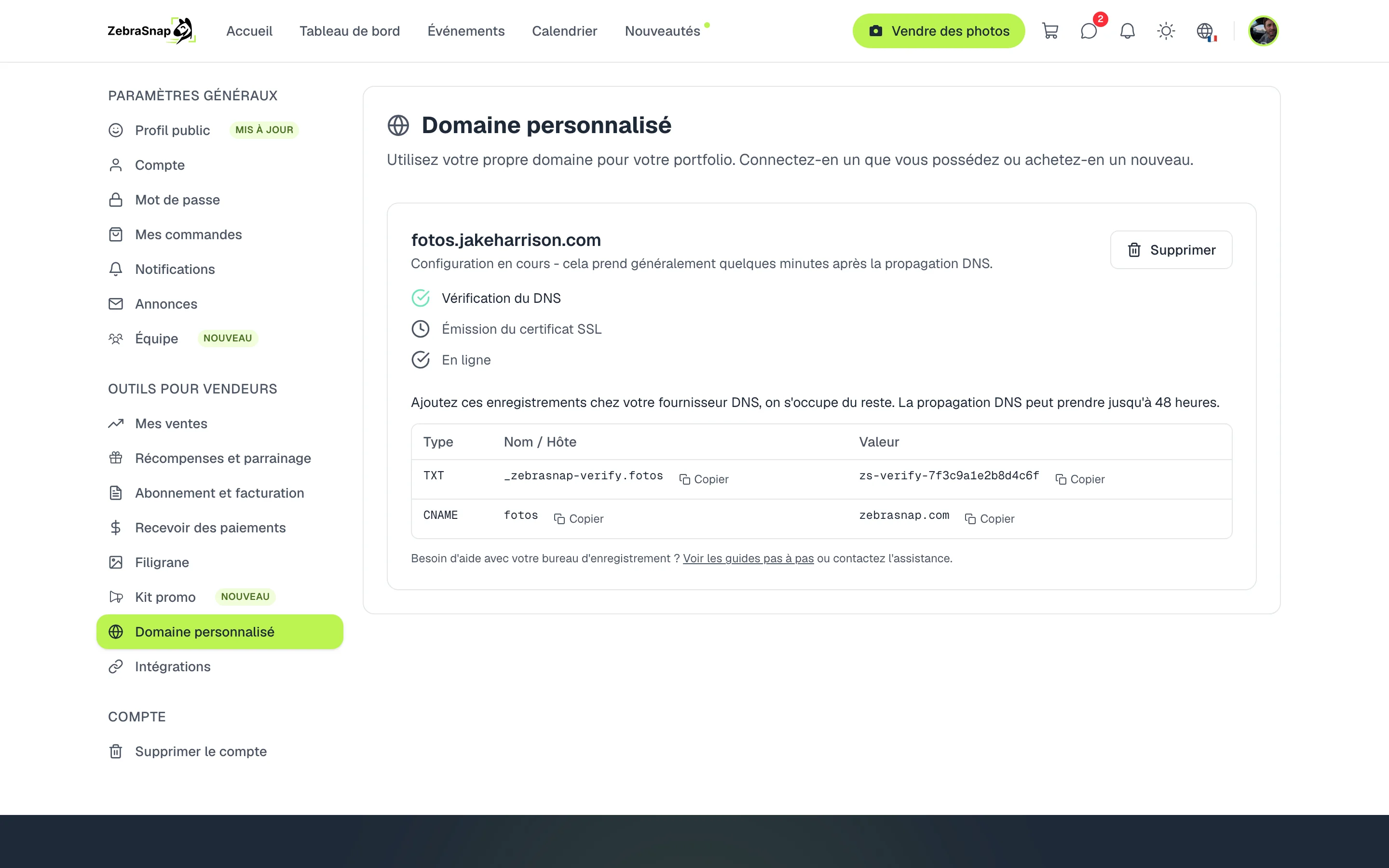 Enregistrements DNS à ajouter