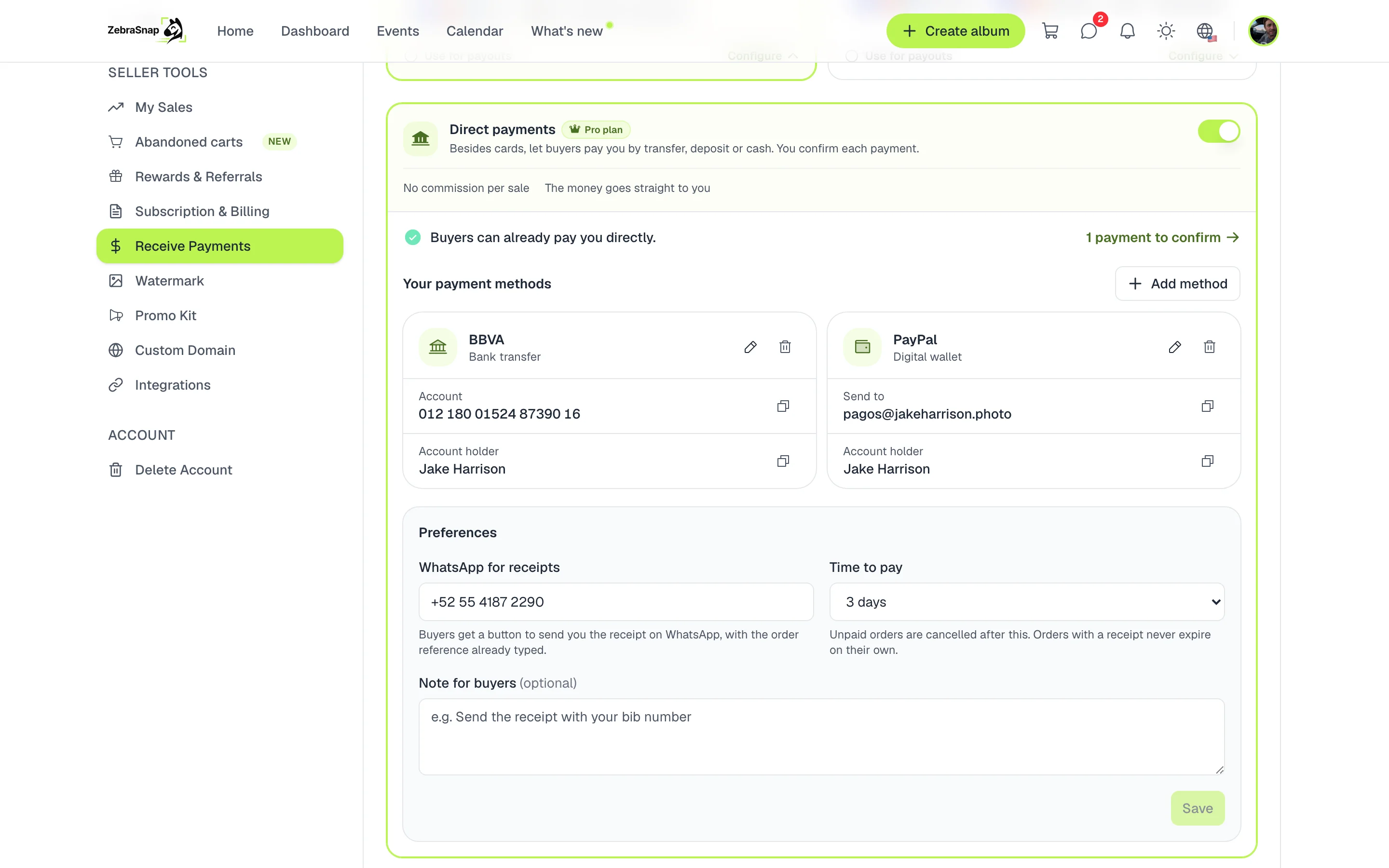 Direct payments in Receive Payments
