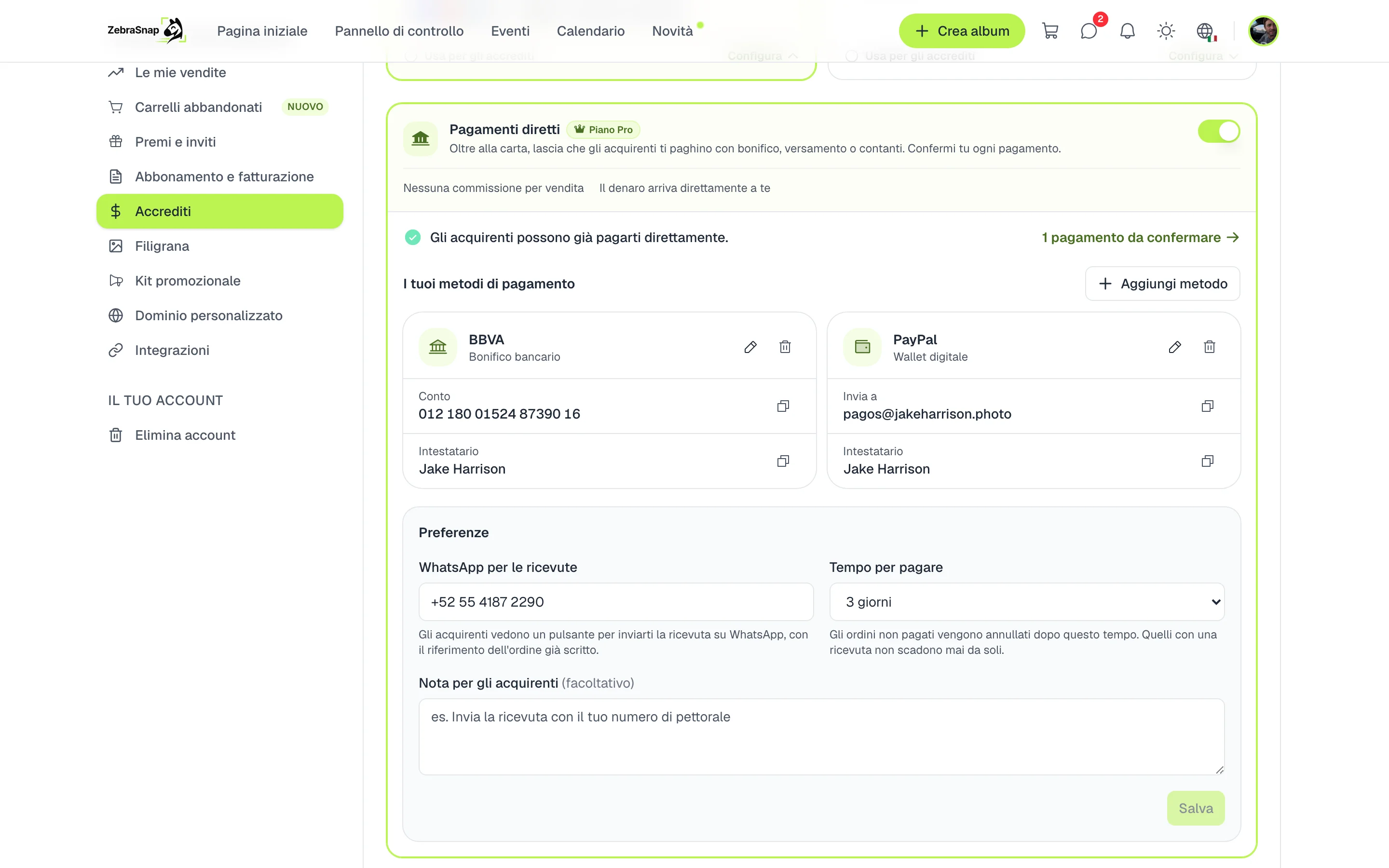 Pagamenti diretti in Accrediti