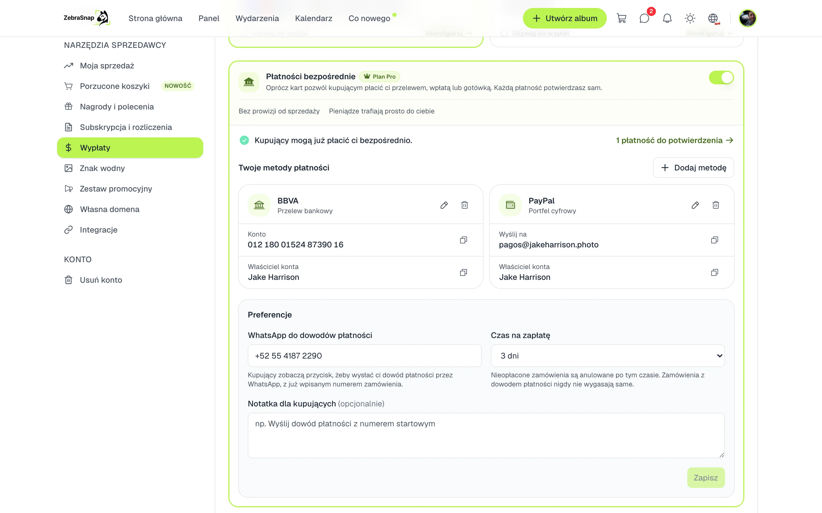 Płatności bezpośrednie w sekcji Wypłaty