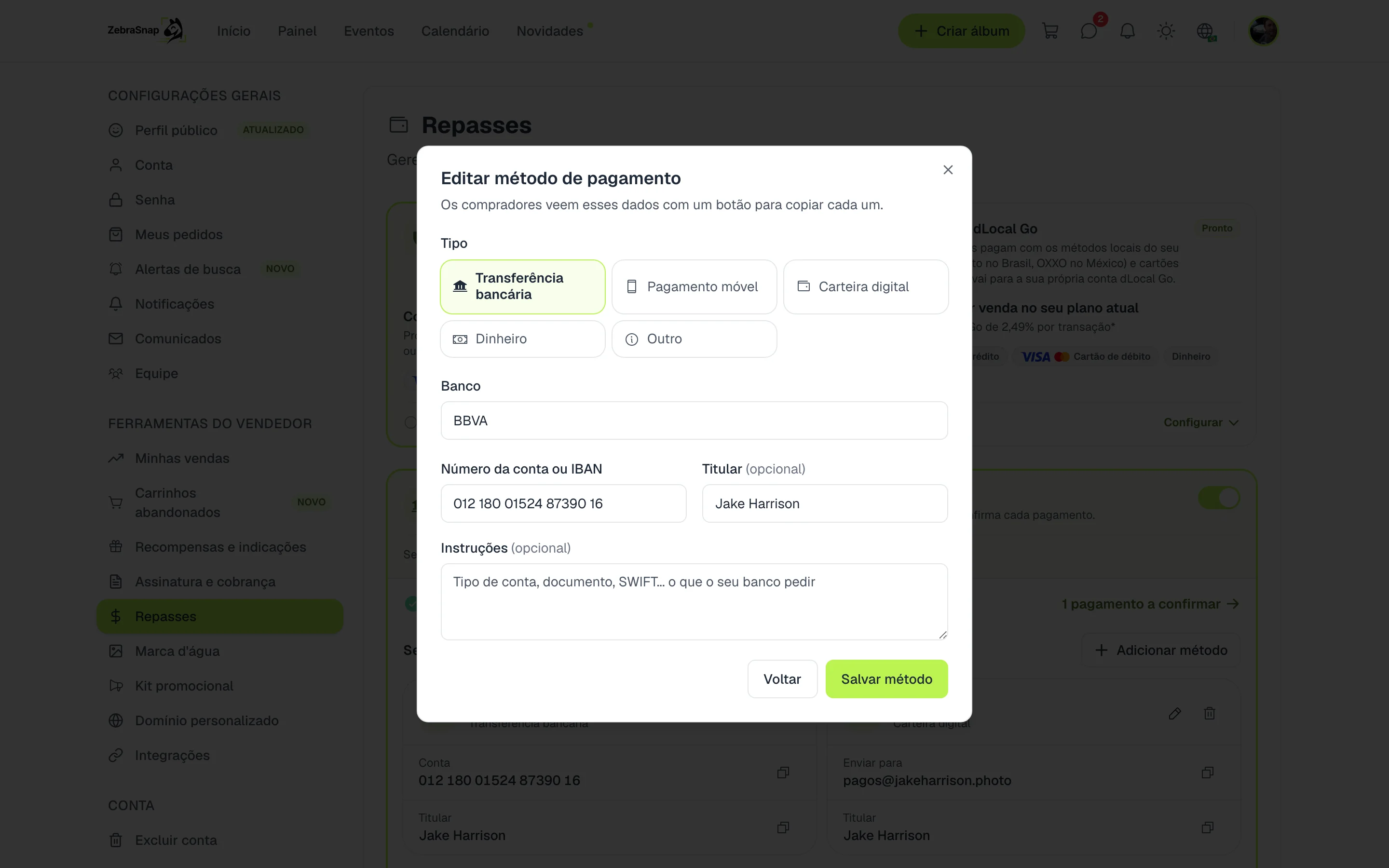 Adicionar um método de pagamento