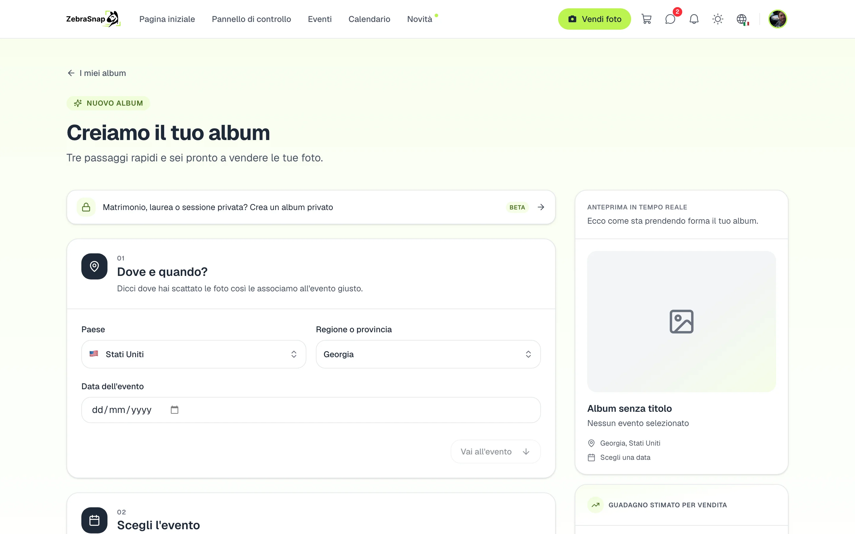 Crea un album privato