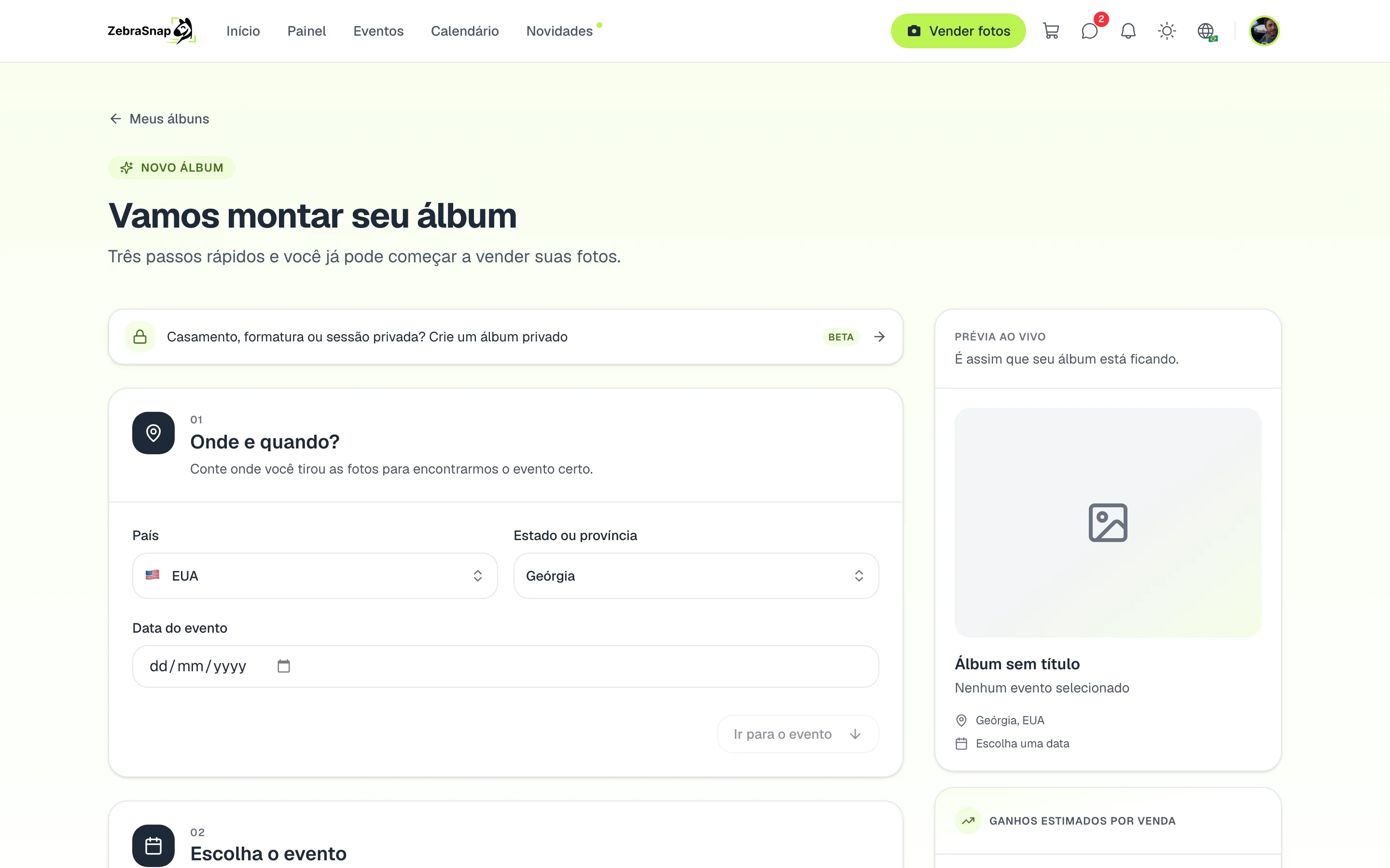 Criar um álbum privado
