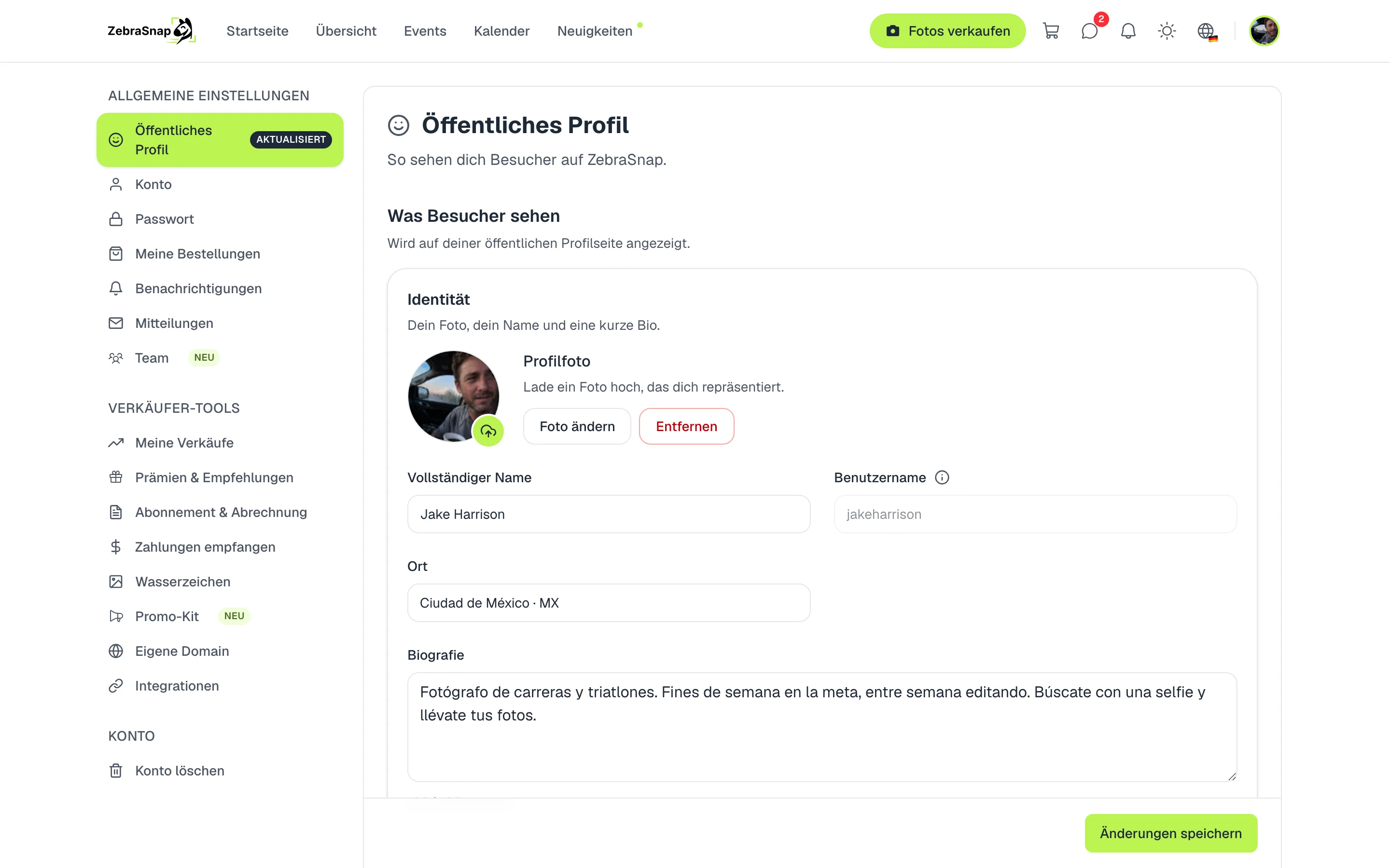 Öffentliches Profil in den Einstellungen