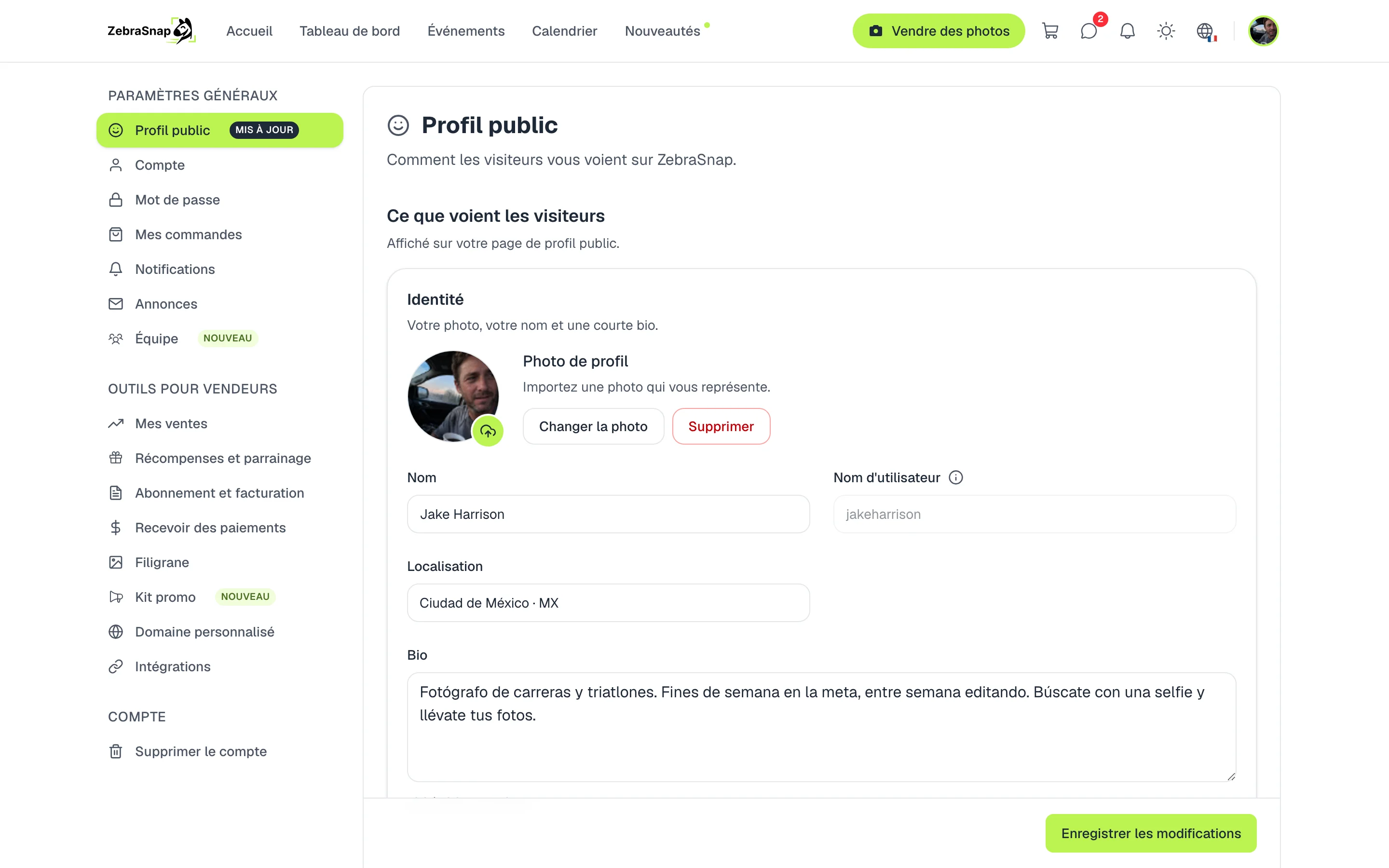 Profil public dans les Paramètres