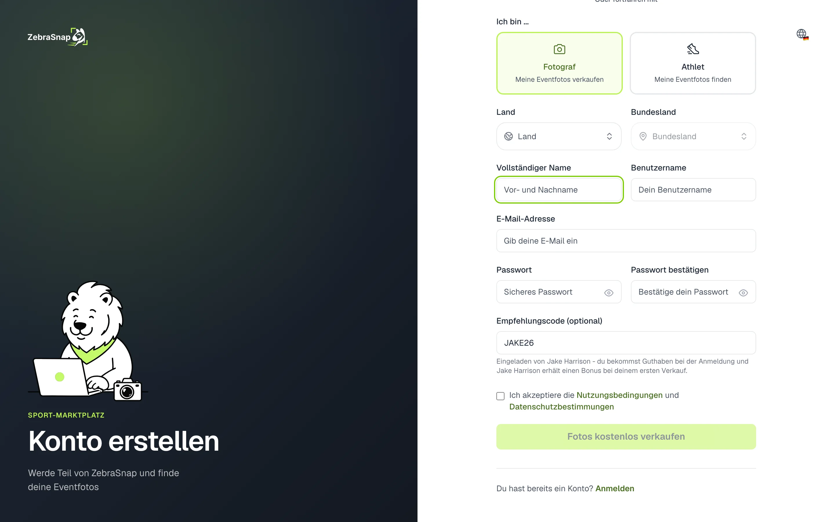 Die Anmeldung mit deinem Code