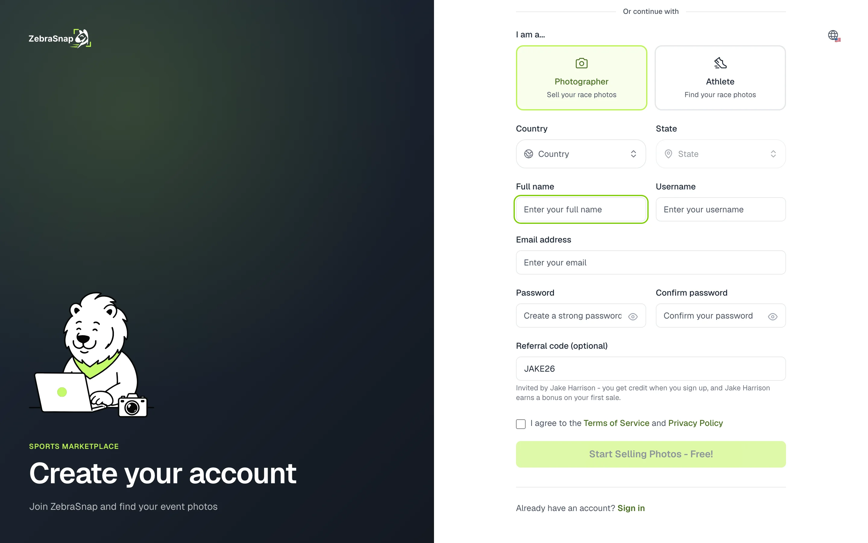 Signing up with your code