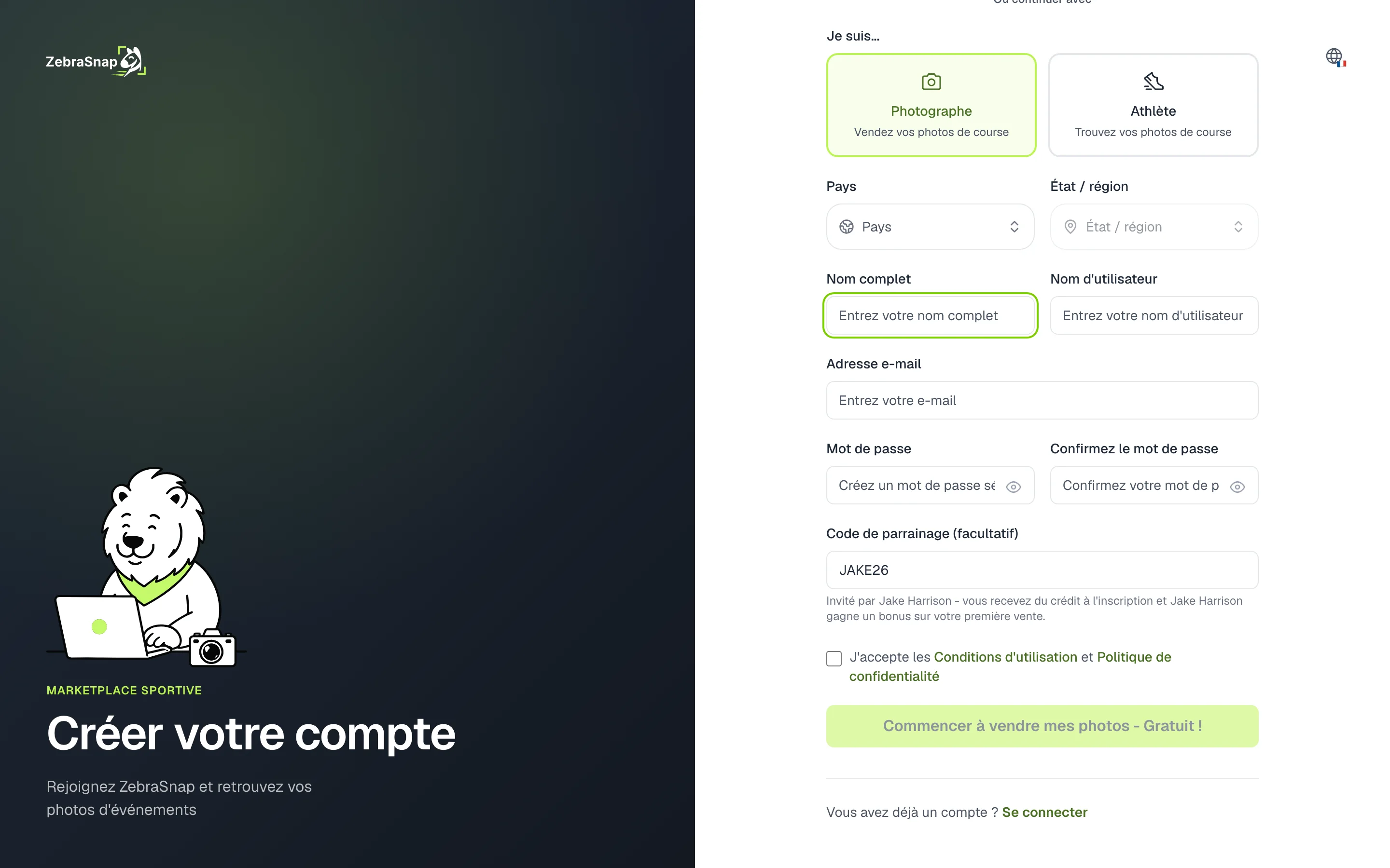 L'inscription avec votre code