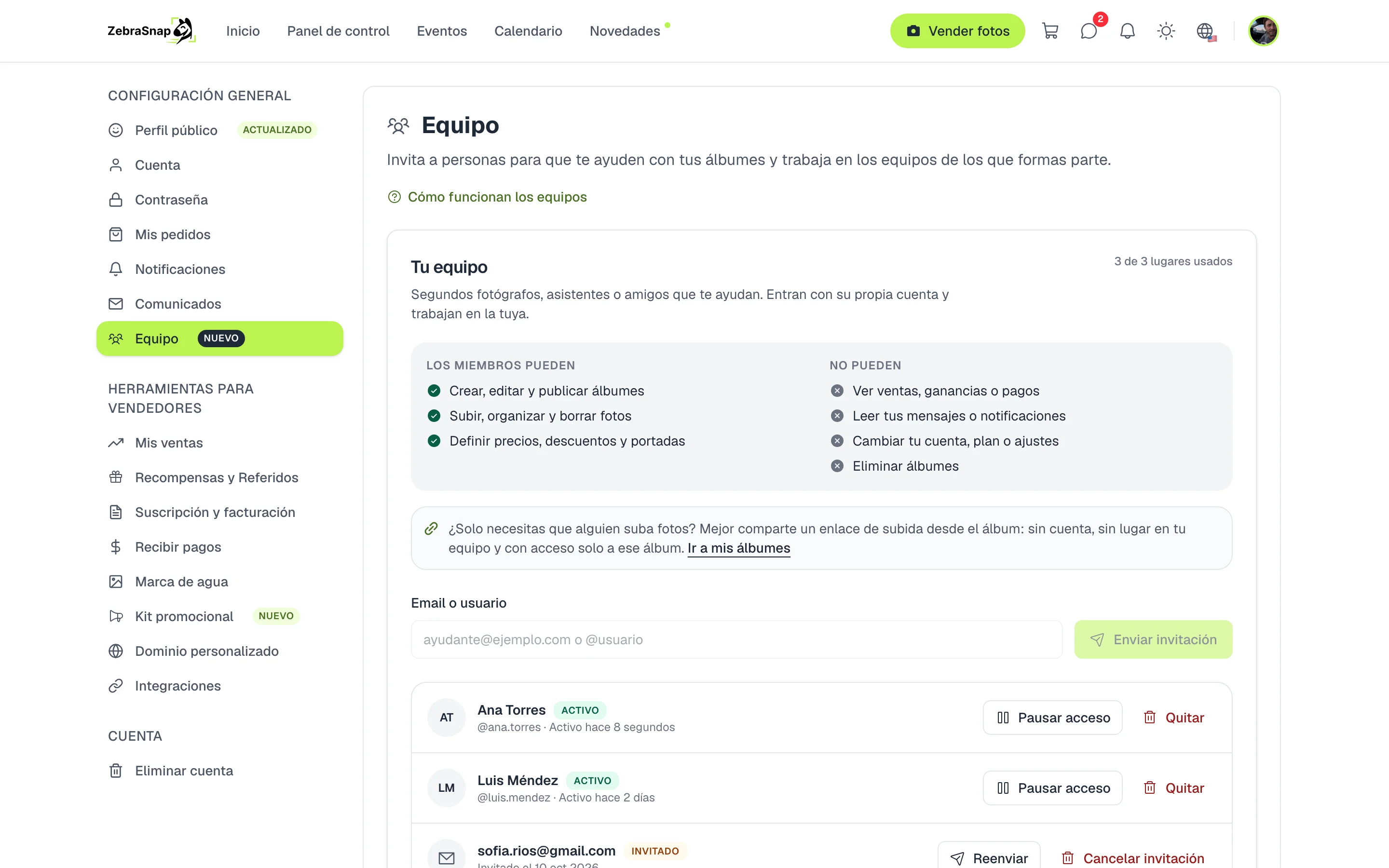 El equipo en Configuración