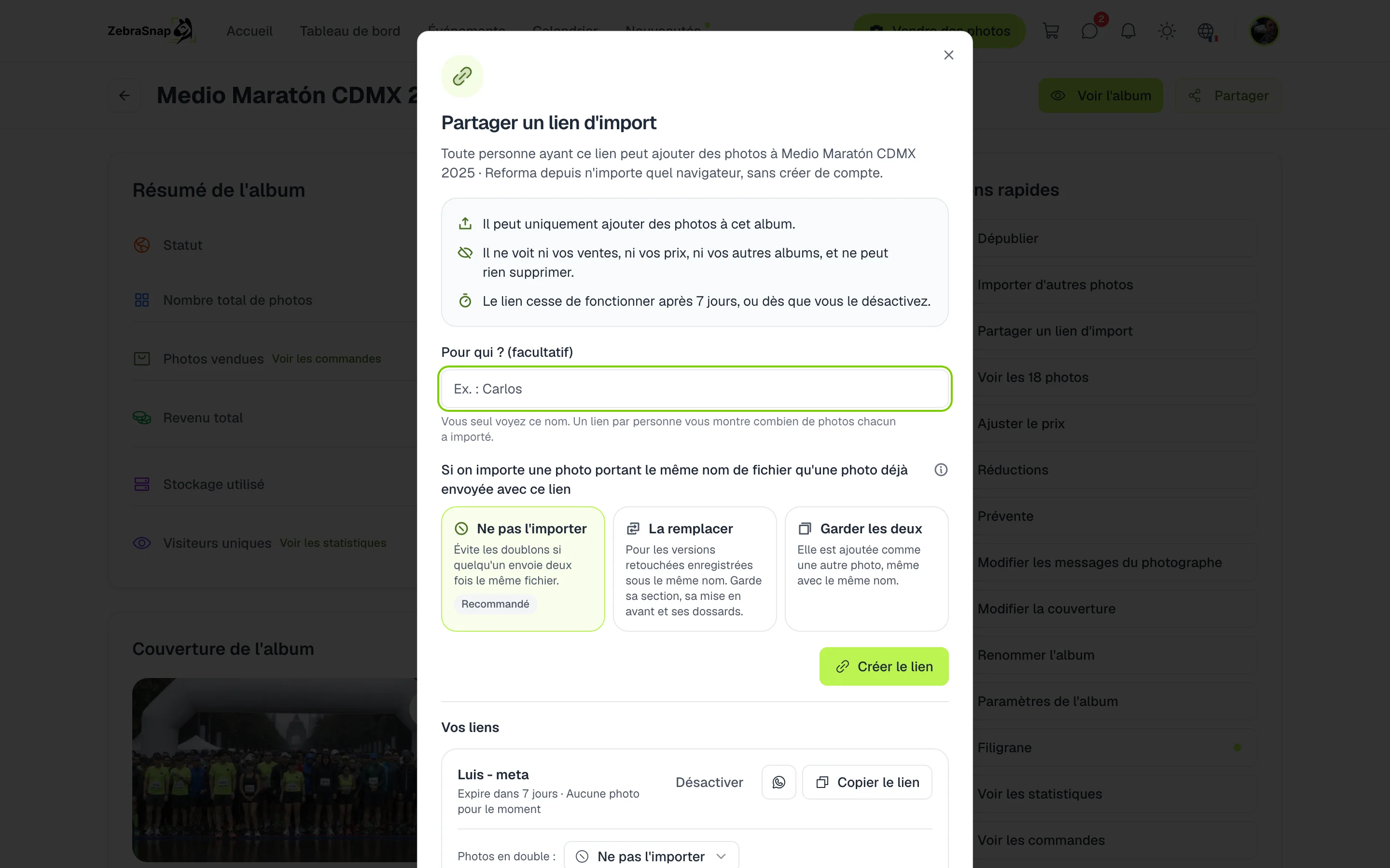 Partager un lien d'import